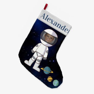 Grande Chaussette De Noël Votre nom et photo Astronaute Espace extra-atmosph