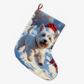 Grande Chaussette De Noël Westie coule en neige avec le Casquette de Noël (Devant (Accrochage))