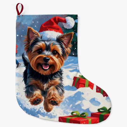 Grande Chaussette De Noël Yorkshire Terrier en neige avec Casquette de Noël (Devant)