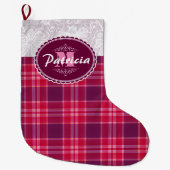 GRANDE CHAUSSETTE DE NOËL YOUR MONOGRAM ON LACE & PINK TARTAN PLAID PATTERN (Devant)