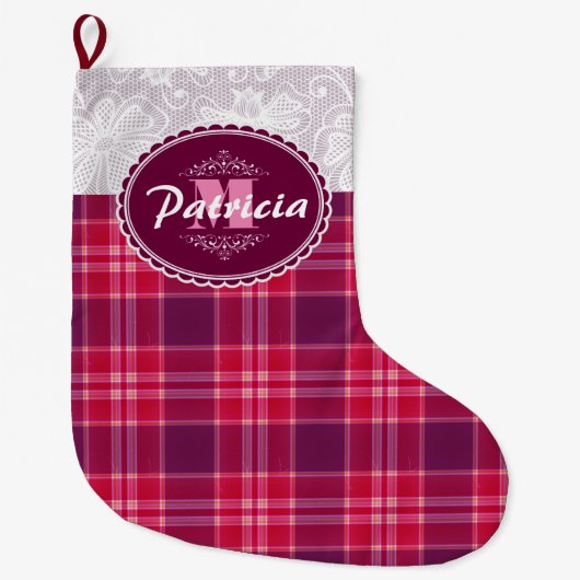 GRANDE CHAUSSETTE DE NOËL YOUR MONOGRAM ON LACE & PINK TARTAN PLAID PATTERN (Devant)