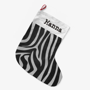 Grande Chaussette De Noël Zebra noir et gris clair Impression avec nom