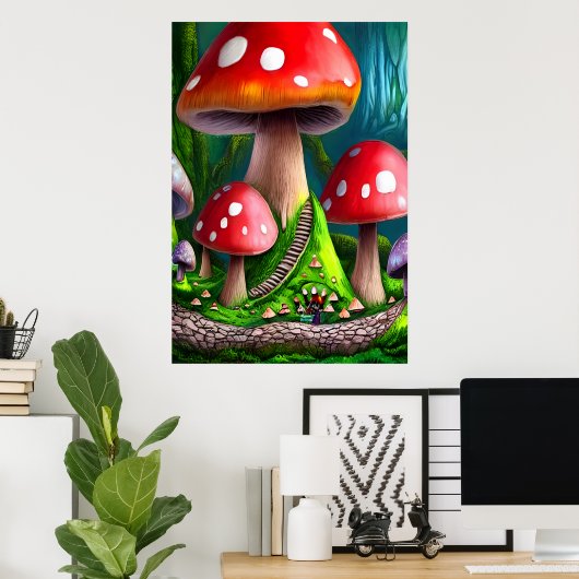 Grande forêt de champignons rouges | AI Art Poster (Bureau à domicile)