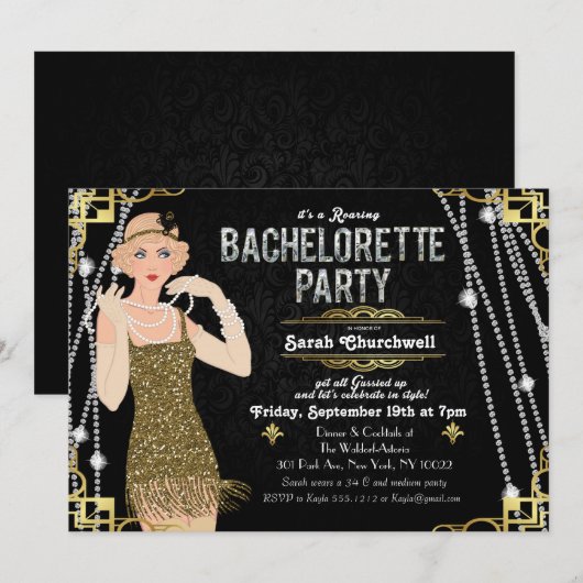 Grande Gatsby Flapper Girl Bachelorette Invitation (Devant / Derrière)