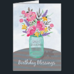 Grande grand-mère Bénédiction d'anniversaire Jar V<br><div class="desc">Envoyez vos bénédictions de grand-mère non seulement pour son anniversaire,  mais tout au long de l'année. De jolies fleurs d'aquarelle dans un vase en bocal de maçon sont posées sur une nappe rayée. Carte d'anniversaire religieuse parfaite pour votre grand-mère.</div>