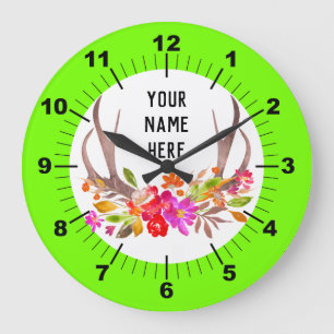 Grande horloge florale personnalisée néon vert