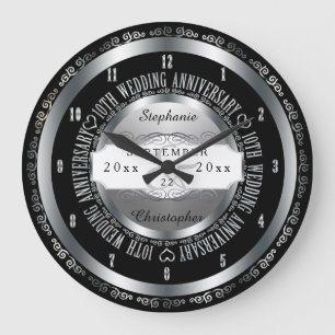 Grande Horloge Ronde 10e anniversaire Mariage élégant, noir et argent