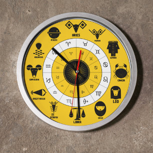 Grande Horloge Ronde 12 signes védiques indiens sur fond géométrique ja