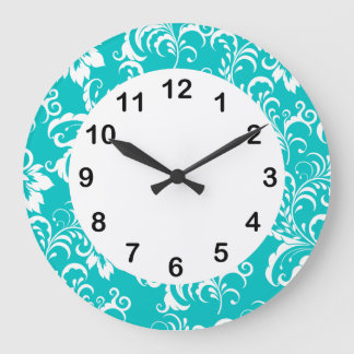 Grande Horloge Ronde 1 damassé blanche bleue turquoise d'horloge murale