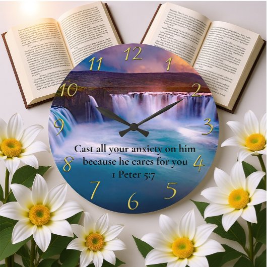 Grande Horloge Ronde 1 Pierre 5:7 Prière pour la foi chrétienne d'or
