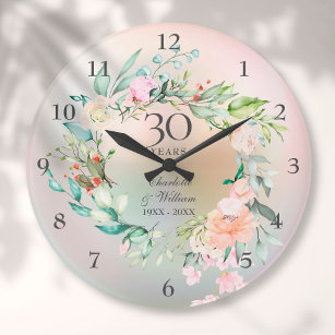 Grande Horloge Ronde 30e anniversaire de Mariage Roses Floral Pearl