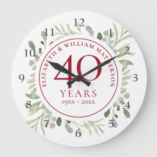 Grande Horloge Ronde 40 ans de mariage noces de rubis aquarelle feuille