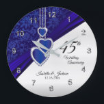 Grande Horloge Ronde 45ème / 65ème Sapphire Mariage Anniversaire Keepsa<br><div class="desc">🥇 UN DESIGN D'ART ORIGINAL DE DROIT D'AUTEUR DE Donna Siegrist SEULEMENT DISPONIBLE SUR ZAZZLE!. Personnalisez l'horloge. 45e ou 65e anniversaire de Mariage Sapphire Gardez prêt pour vous à personnaliser. Ce design fonctionne bien pour d'autres événements ou occasions comme un anniversaire, mariage, années de service... ou vous pouvez le faire...</div>