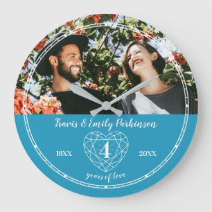 Grande Horloge Ronde 4e anniversaire Mariage contour du coeur bleu topa