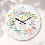 Grande Horloge Ronde 50e anniversaire Mariage d'or Rose Floral<br><div class="desc">Featuring a delicate watercolor floral garland,  this chic botanical 50th wedding anniversary clock can be personalized with your special golden anniversary details in elegant typographiy. Designed by Thisisnotme</div>