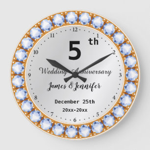 Grande Horloge Ronde 5e anniversaire Mariage diamant Noms personnalisés