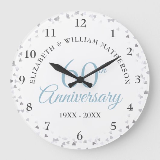 Grande Horloge Ronde 60e Anniversaire Amour Coeurs Confetti (Recto)