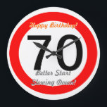 Grande Horloge Ronde 70th Birthday Joke 70 Road Sign Speed Limit<br><div class="desc">Funny 70th Birthday Joke 70 Road Sign Speed Limit Clock. Time speeds by ! Give this great turning 70 Birthday clock with customizable age number "70" and customizable texts "Happy Birthday" et "Better Start Slowing Down !" This great 70th birthday clock is fully customizable, add your text and images !...</div>