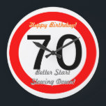 Grande Horloge Ronde 70th Birthday Joke 70 Road Sign Speed Limit<br><div class="desc">Funny 70th Birthday Joke 70 Road Sign Speed Limit Clock. Time speeds by ! Give this great turning 70 Birthday clock with customizable age number "70" and customizable texts "Happy Birthday" et "Better Start Slowing Down !" This great 70th birthday clock is fully customizable, add your text and images !...</div>