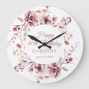 Grande Horloge Ronde 80e anniversaire personnalisé Bourgogne rose flora
