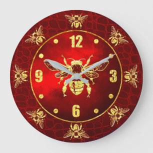 Grande Horloge Ronde Abeille de miel en l'or et rouge