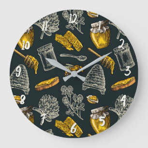 Grande Horloge Ronde Abeille sombre miel ruche jaune vintage naturel