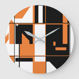 Grande Horloge Ronde Abrégé sur géométrique blanc noir orange patchwork