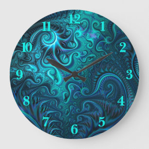 Grande Horloge Ronde Abstrait bleu coloré et Motif spiral Turquoise