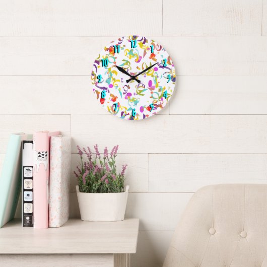 Grande Horloge Ronde Abstrait Confetti Toss Sur Blanc (Salle de lecture)