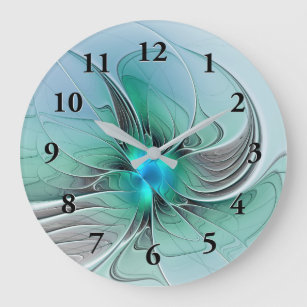 Grande Horloge Ronde Abstrait De Bleu, Art Fractal Moderne