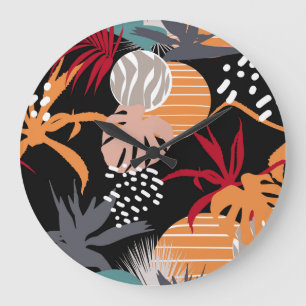 Grande Horloge Ronde Abstrait fleuri, feuilles tropicaux, dessin contin