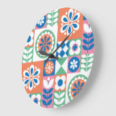 Grande Horloge Ronde Abstrait Floral, Scandinave Folk Design. (Angle)