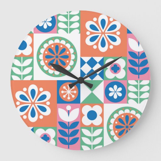 Grande Horloge Ronde Abstrait Floral, Scandinave Folk Design. (Recto)