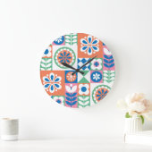 Grande Horloge Ronde Abstrait Floral, Scandinave Folk Design. (Maison)