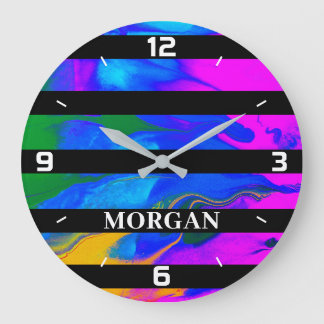 Grande Horloge Ronde Abstrait moderne tendance, Lignes noires, Nom blan