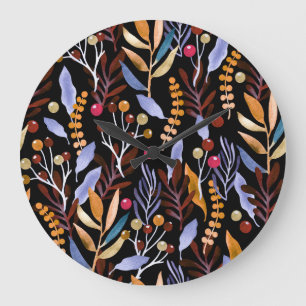 Grande Horloge Ronde Abstrait Plantes d'aquarelle herbes Motif