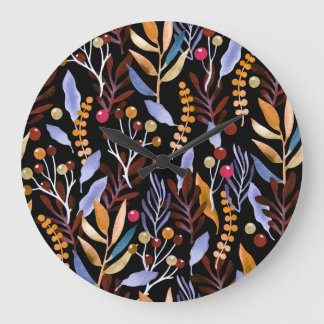 Grande Horloge Ronde Abstrait Plantes d'aquarelle herbes Motif