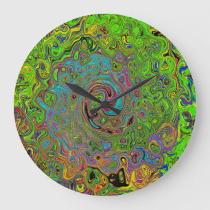 Grande Horloge Ronde Abstrait Rétro Groovy Tourbillon Vert Citron et Bl