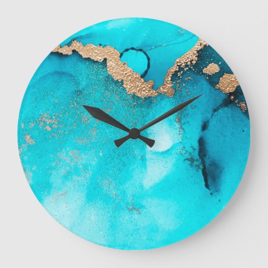 Grande Horloge Ronde Abstrait Turquoise Gold Méditerranée (Recto)