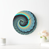 Grande Horloge Ronde Abstraite spirale d'art fractal bleu turquoise ora (Maison)