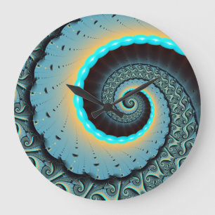Grande Horloge Ronde Abstraite spirale d'art fractal bleu turquoise ora