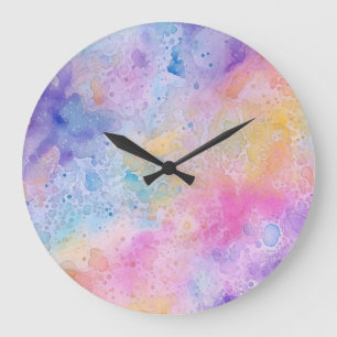 Grande Horloge Ronde Abstraits nuages arc-en-ciel Aquarelle liquide Art