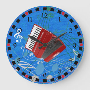 Grande Horloge Ronde Accordéon rouge sur les notes musicales