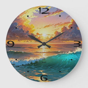 Grande Horloge Ronde Accueil Mur Coucher de soleil époustouflant Vagues