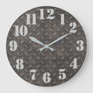 Grande Horloge Ronde Acier à plaque diamantée aspect industriel