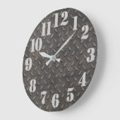 Grande Horloge Ronde Acier à plaque diamantée look industriel (Angle)