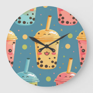 Grande Horloge Ronde Adorable Kawaii Boba Conception de boisson