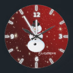 Grande Horloge Ronde Adorable Snowman<br><div class="desc">This feobjets snowman on red background. . Any girl would love to have this stylish design.If your art still needs to be adjusted, click on the Customize This button. This veut take you to a design area where you can move around and even change fonts !</div>