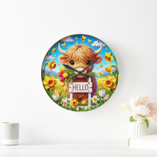 Grande Horloge Ronde Adorable vache Highland Spring Floral