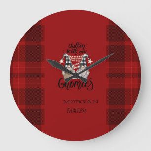 Grande Horloge Ronde Adorables petits gnomes à carreaux rouges de buffl